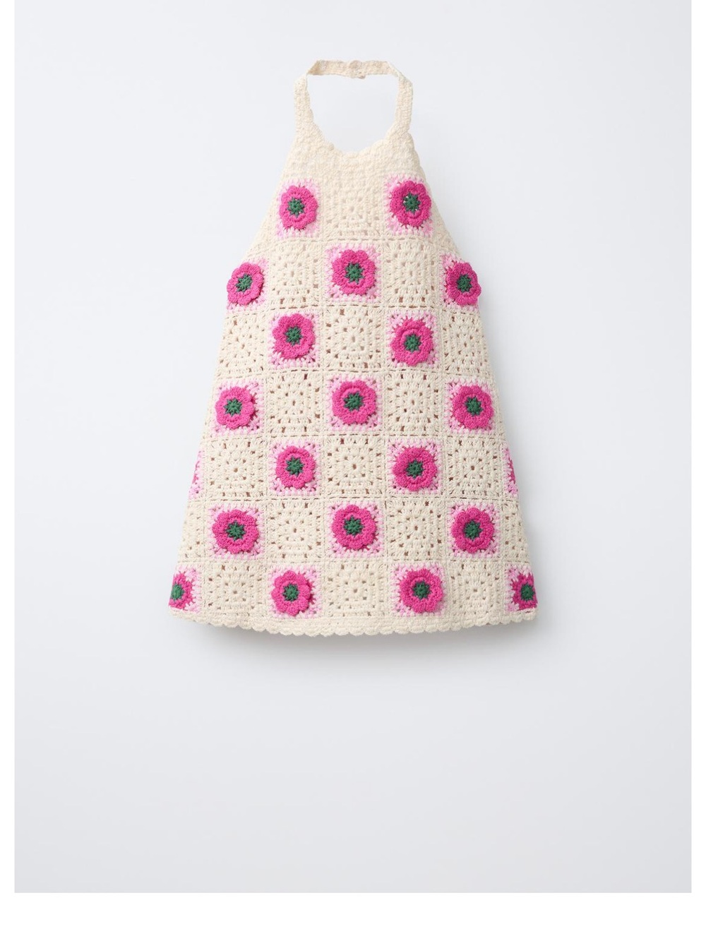 Zara Cream Crochet Halter Dress with Pink Flowers and Green Centers